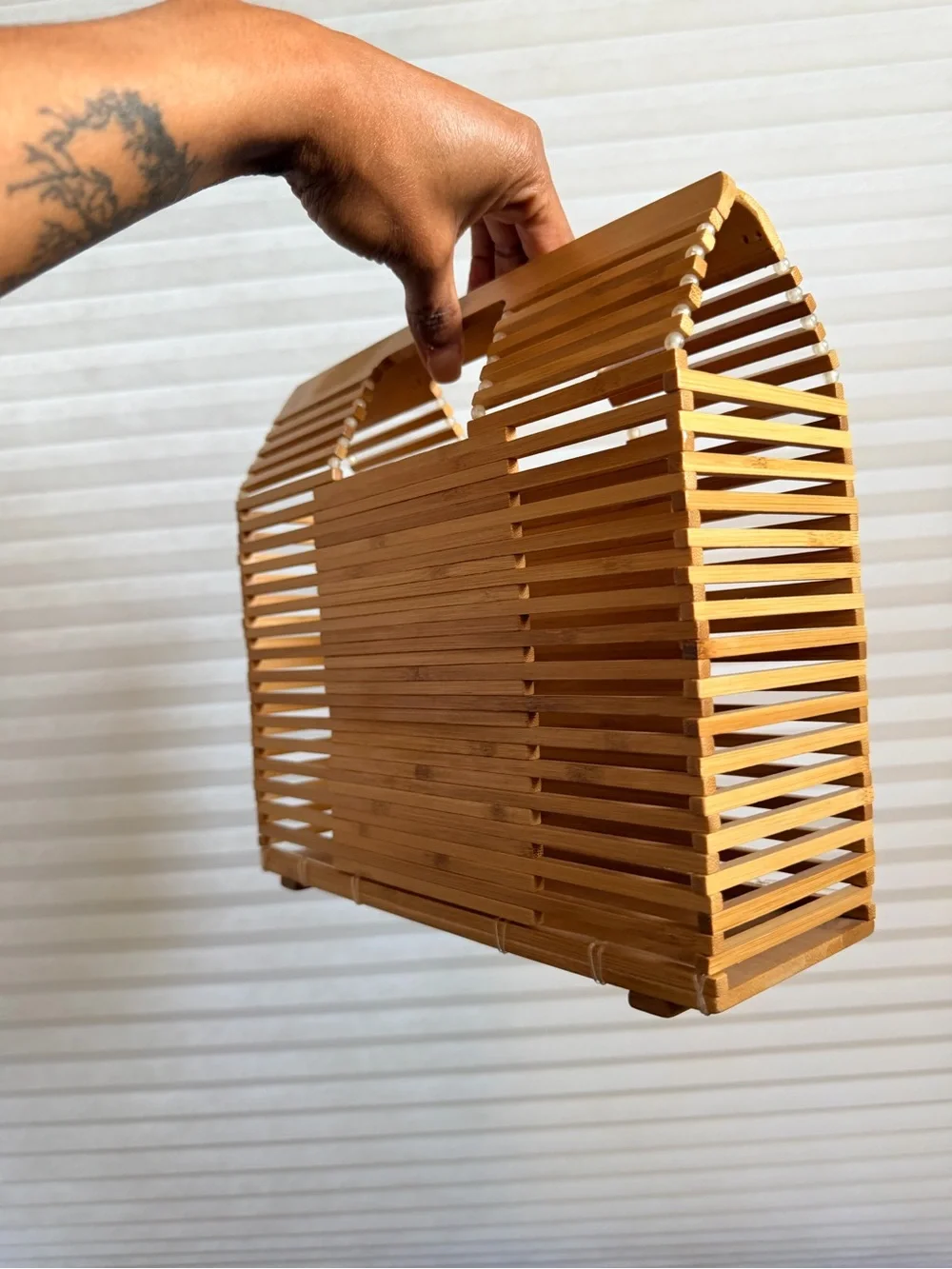 Natural Bamboo Architectural Top Handle Tote Coastal Minimalist Statement Purse